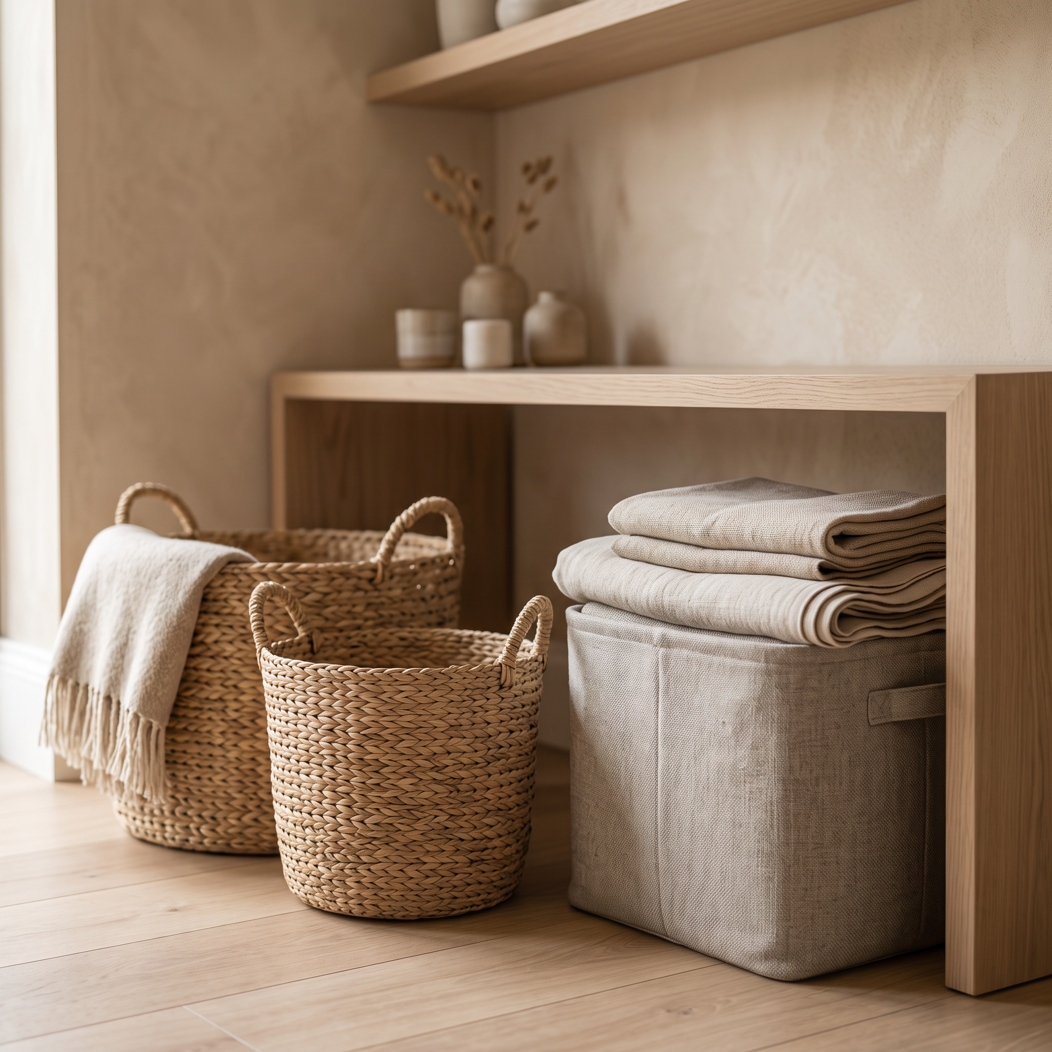 Woven baskets and fabric bins holding folded linen