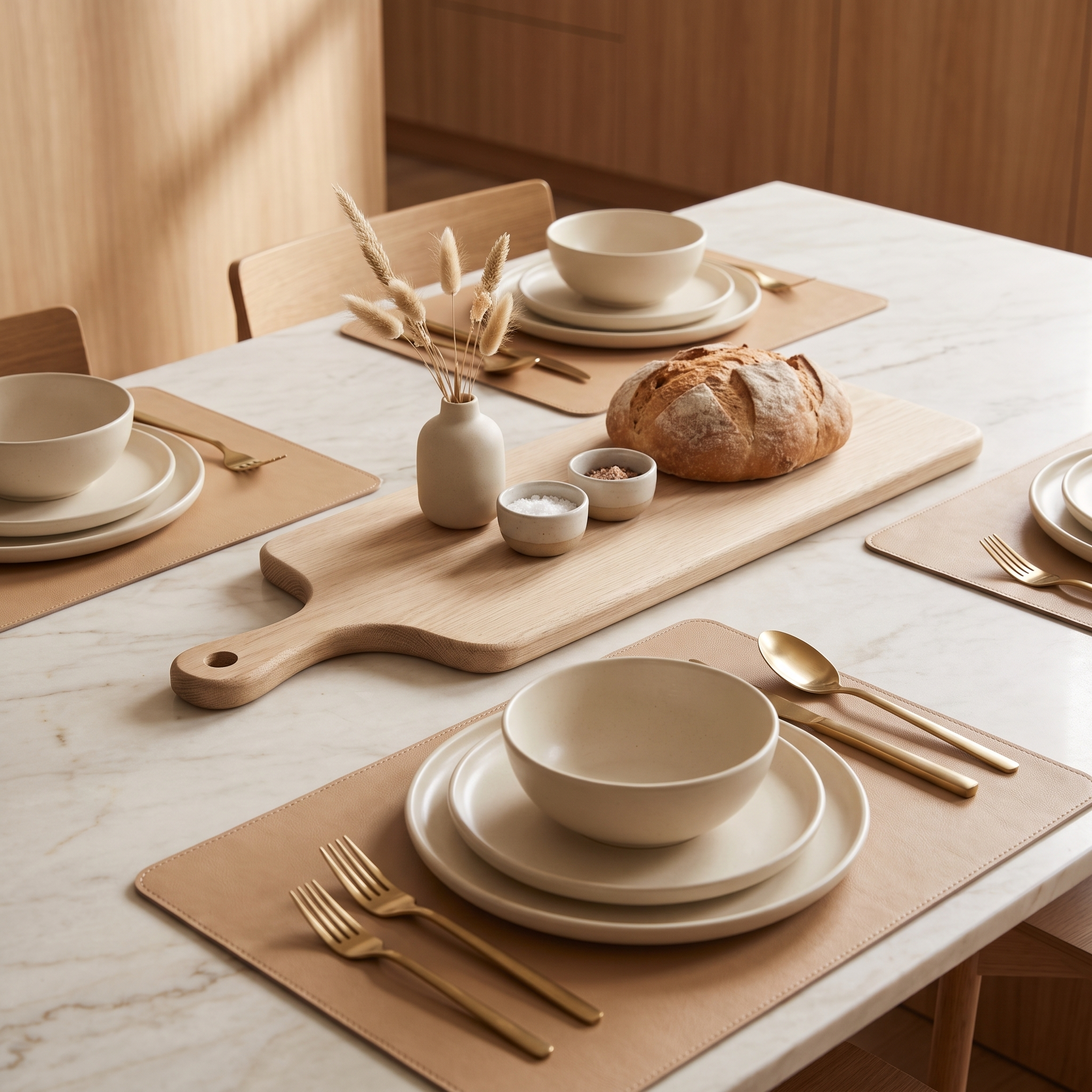 Modern dining table setting in warm neutrals