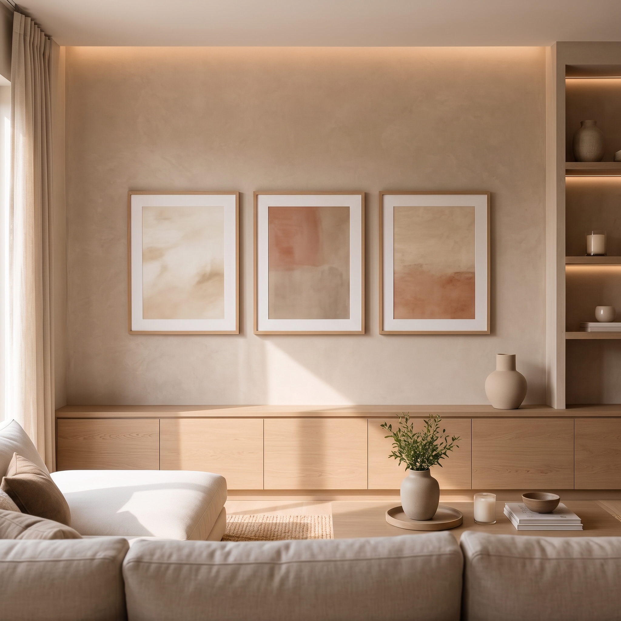 Gallery wall of oak frames above an oak console