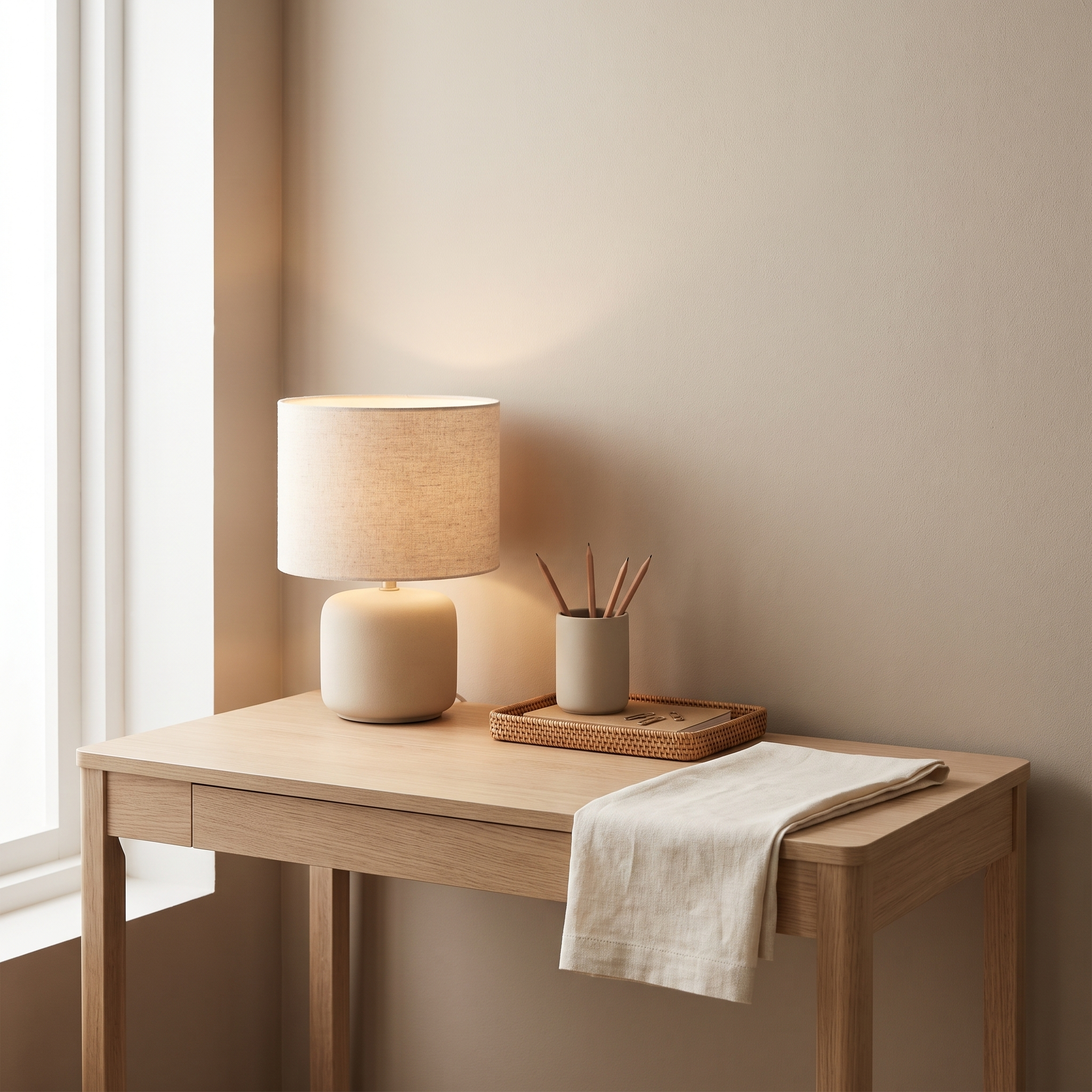 Small tidy oak desk corner with lamp and woven tray
