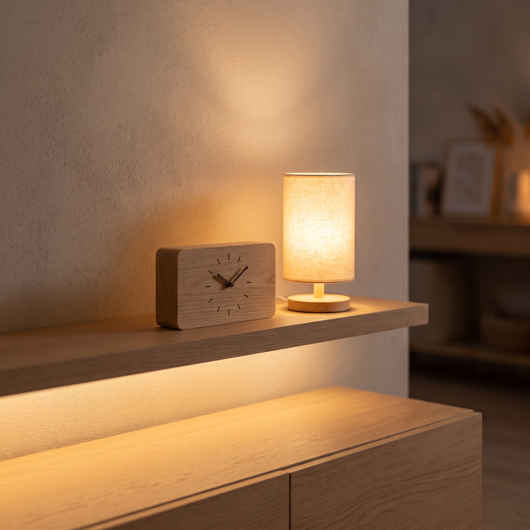 Oak block clock and warm lamp on a shelf at dusk