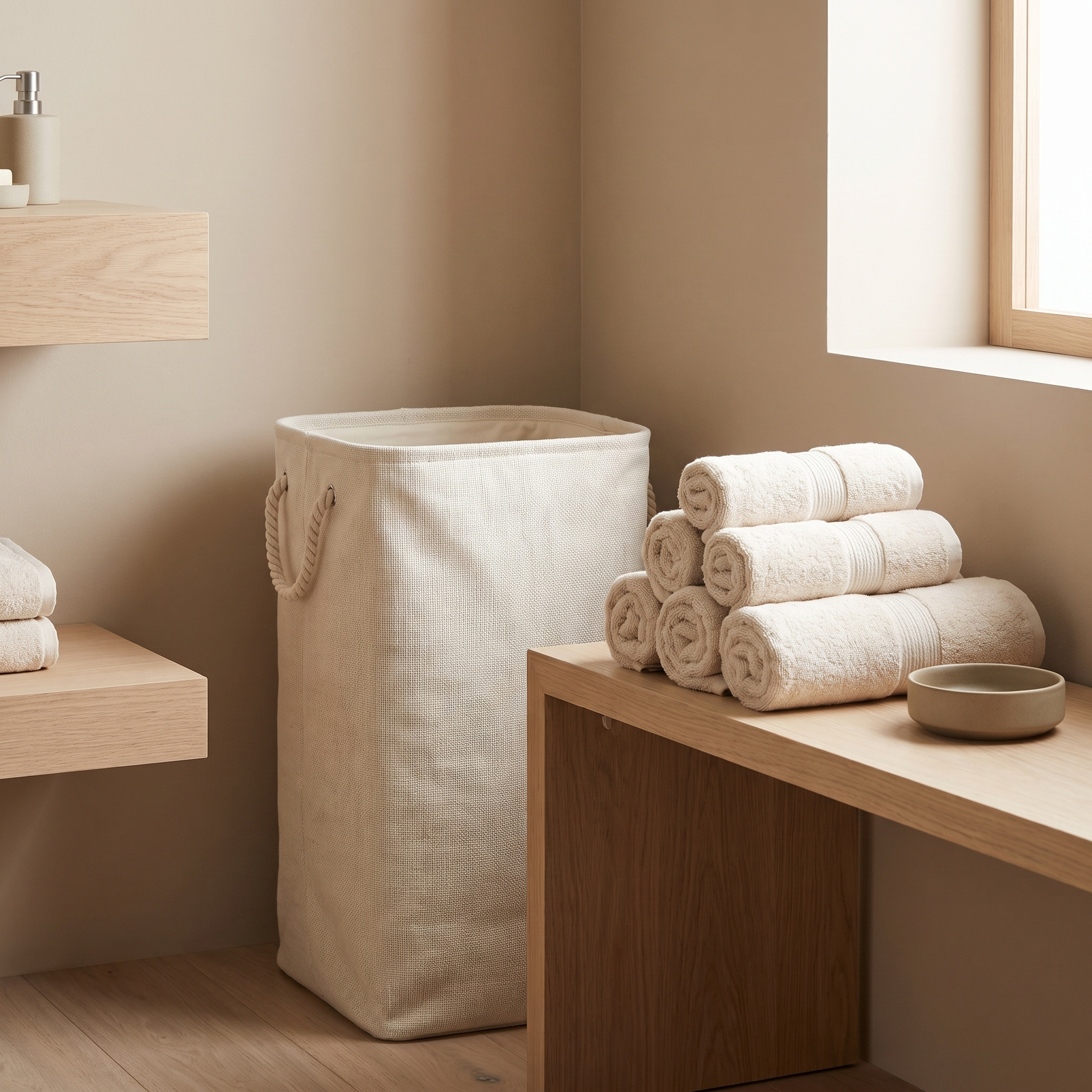 Laundry hamper and rolled towels in a calm bathroom