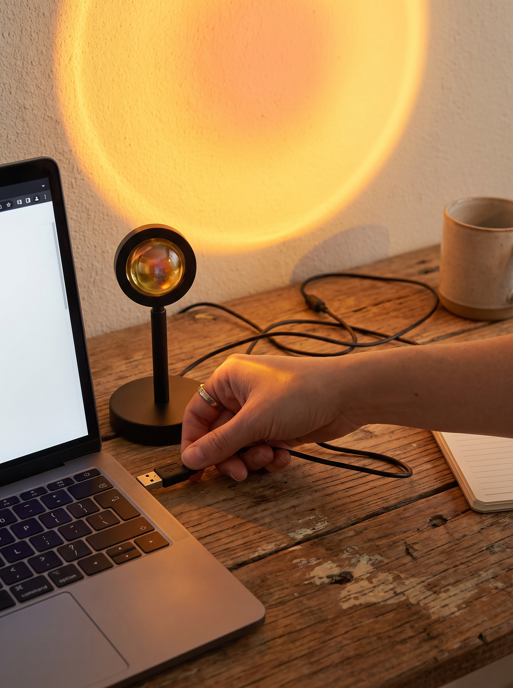 Sunset Projection Lamp USB cable plugging into a laptop