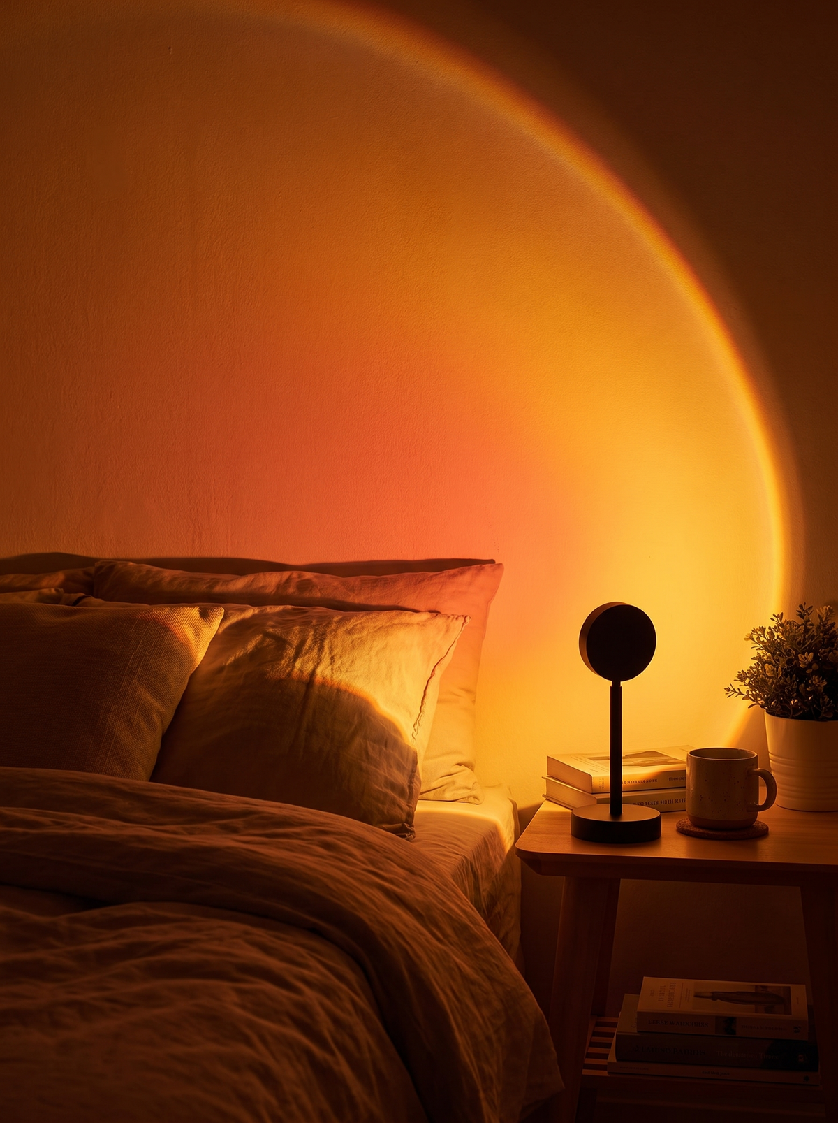 Sunset Projection Lamp glowing on a bedside table at night