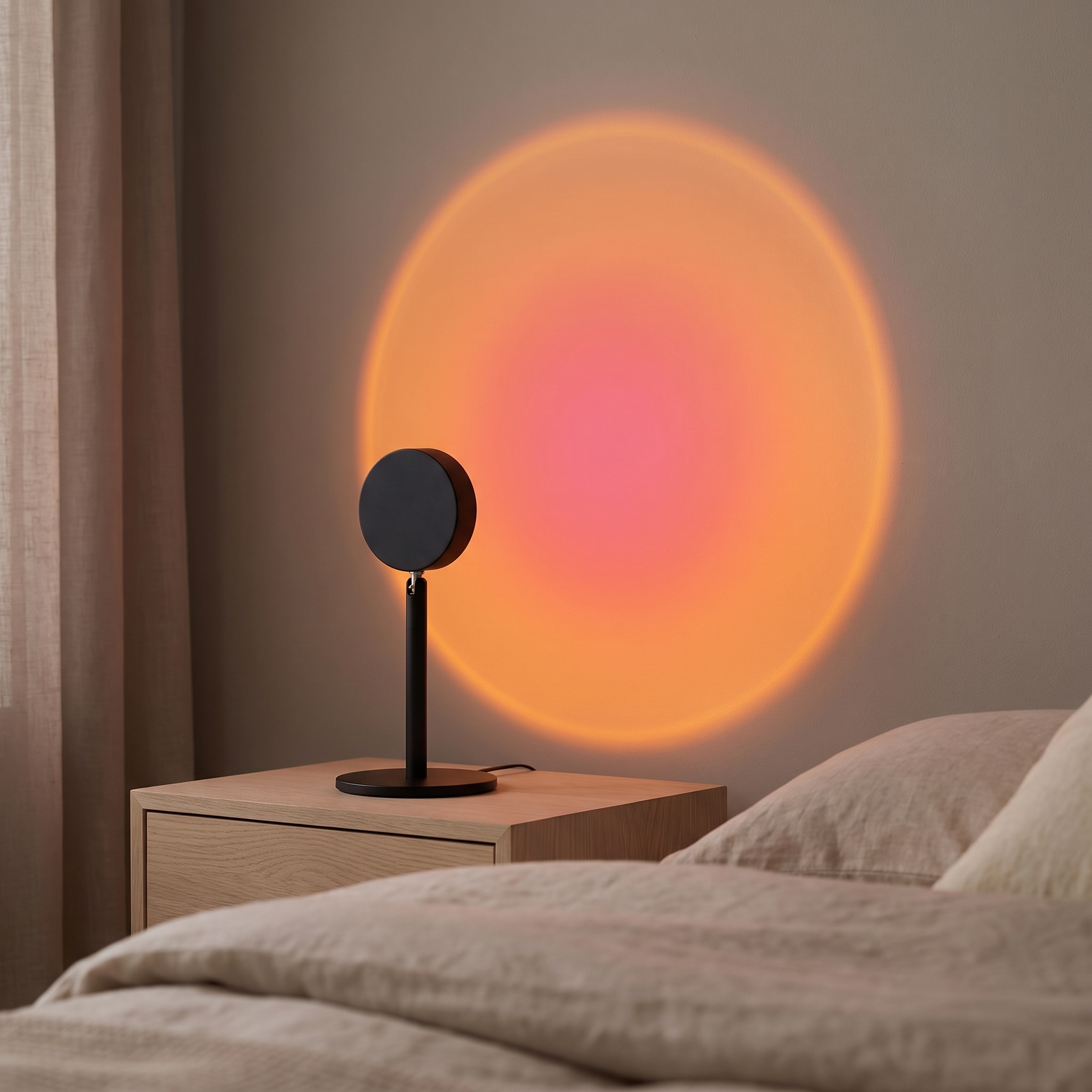 Sunset projection lamp casting a warm sunset glow across a bedroom wall