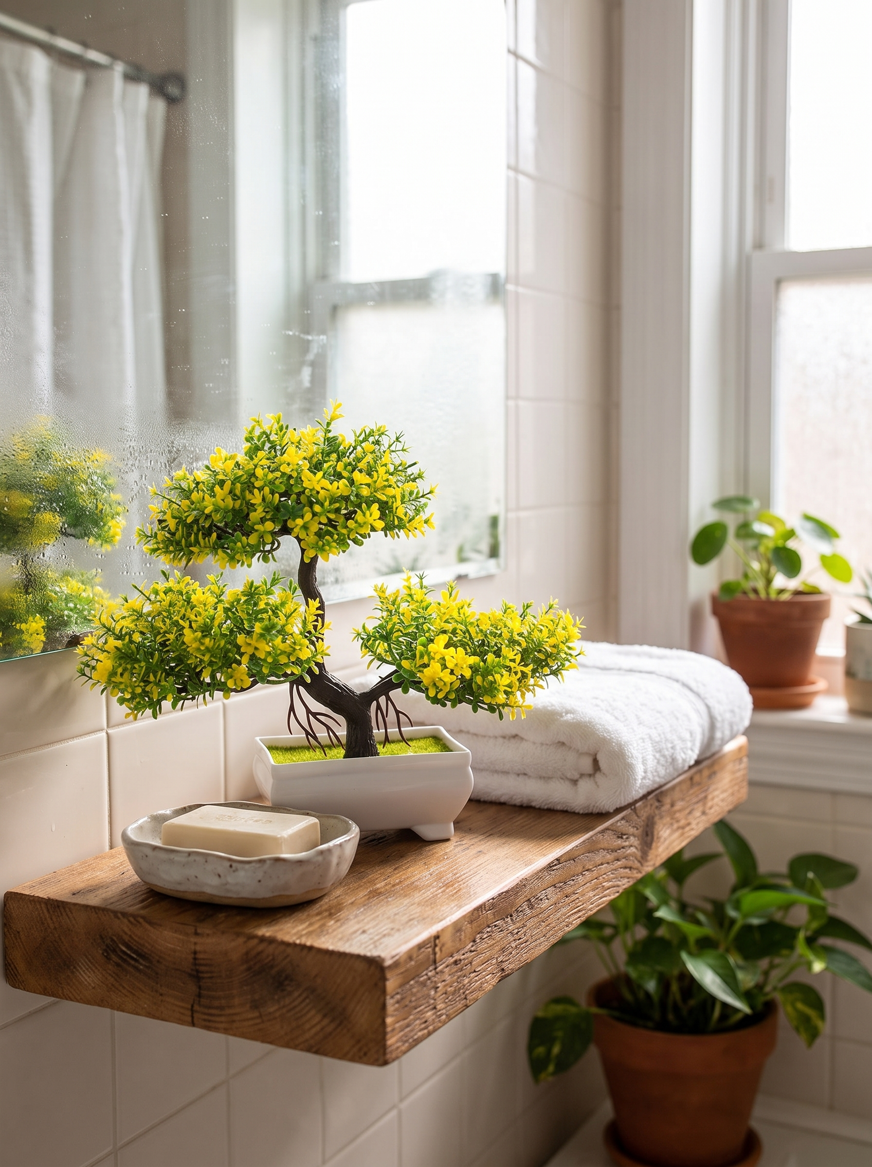 Faux blossom bonsai tree on a bathroom shelf beside a folded towel