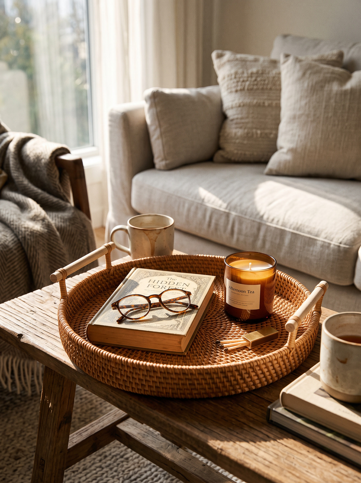Handwoven rattan tray basket on a coffee table holding a book and a candle
