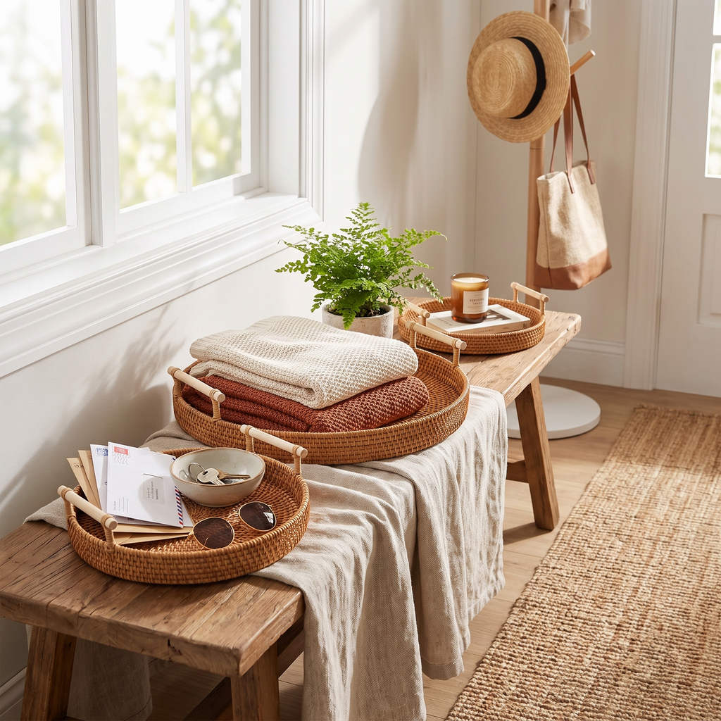 Handwoven rattan tray basket on an entryway bench holding folded throws