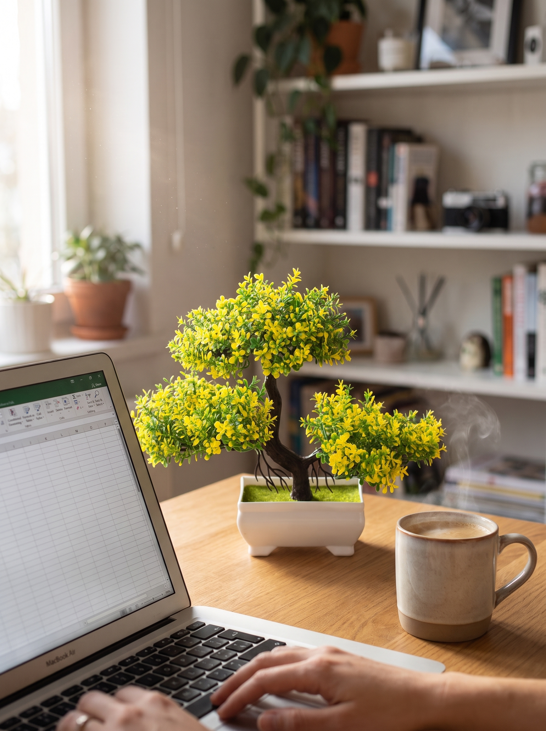 Faux blossom bonsai tree on a desk beside a laptop and a warm cup
