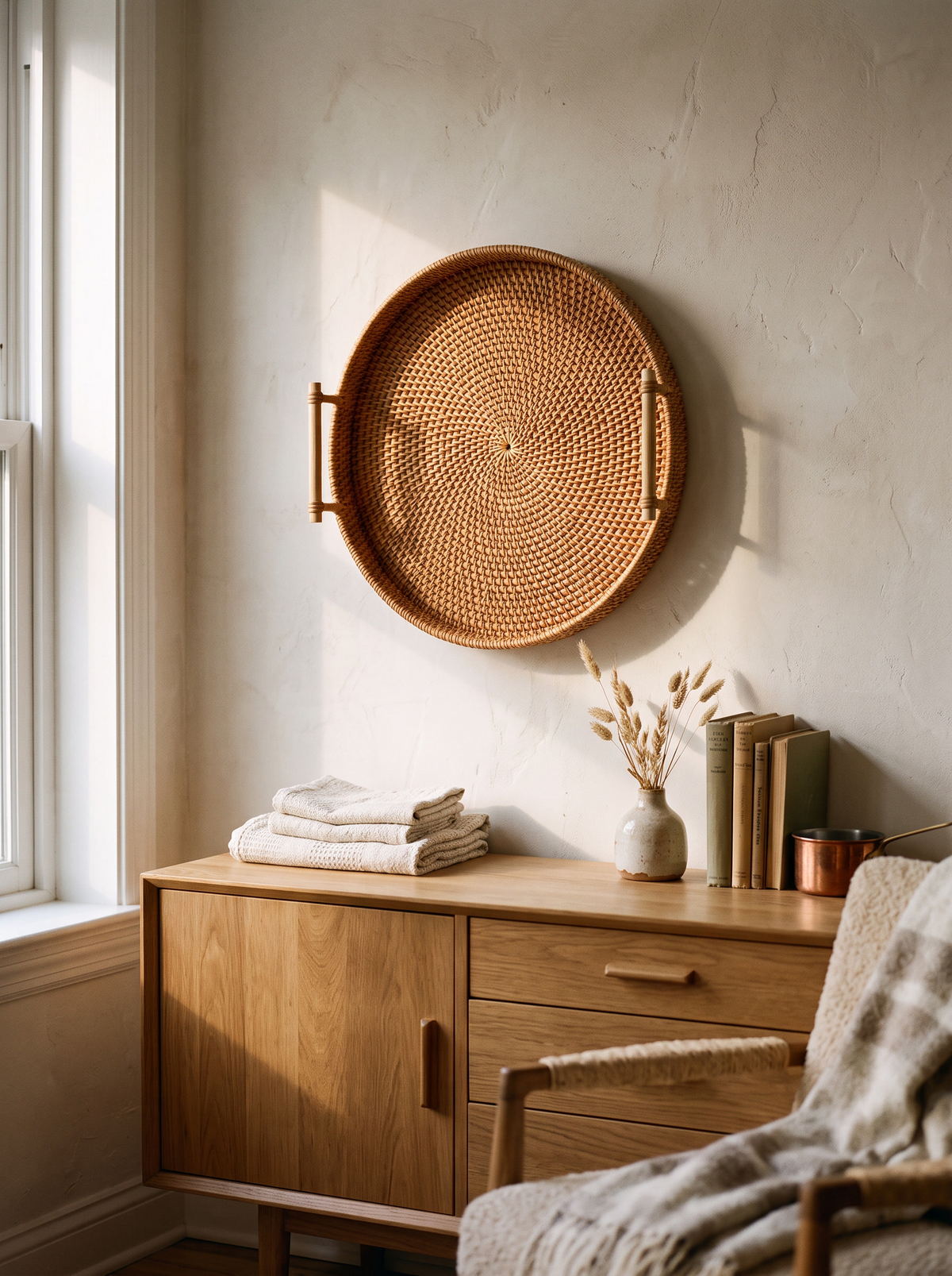 Handwoven rattan tray basket hung flat on a pale plaster wall as decor