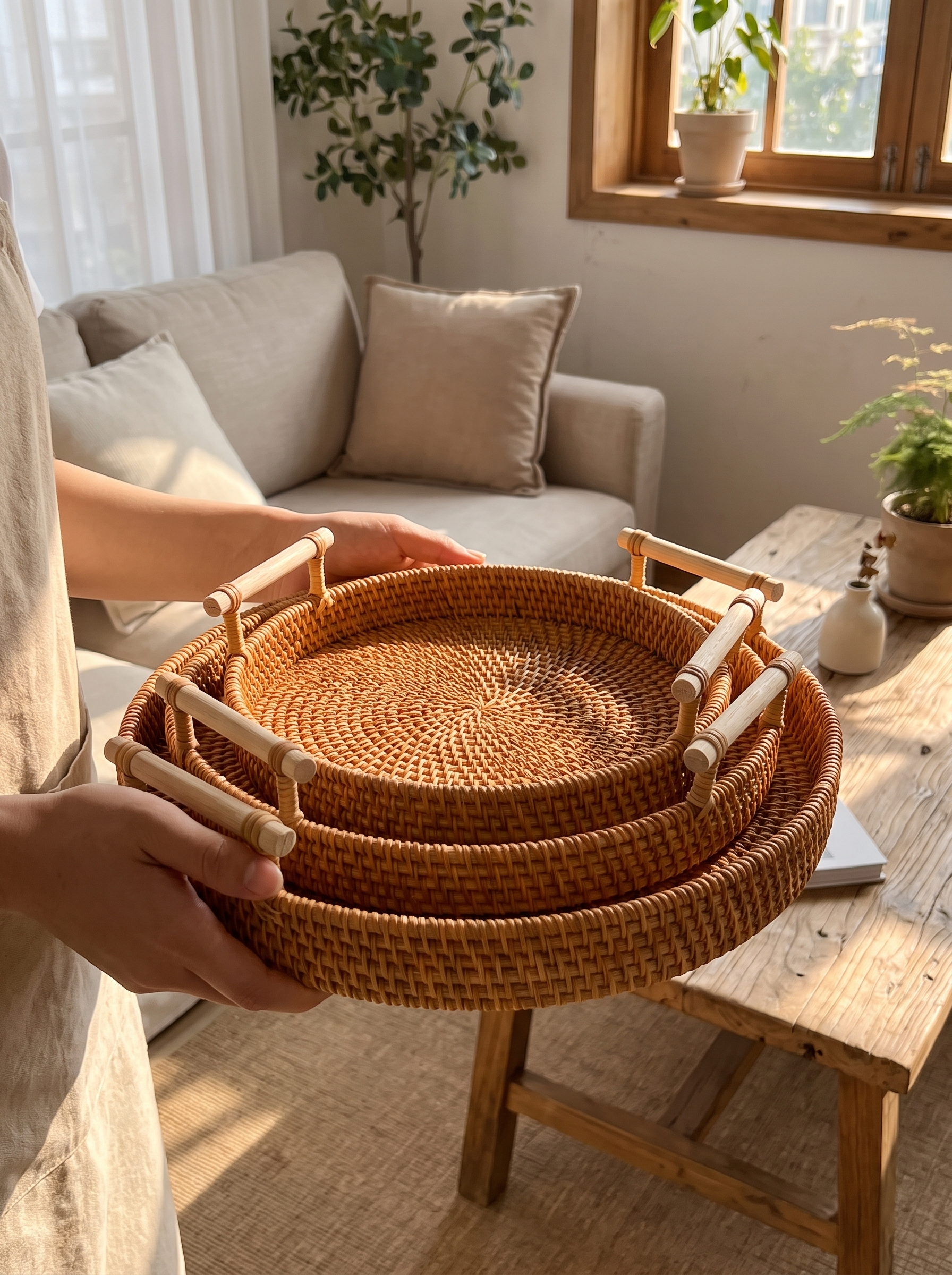 Handwoven rattan tray basket held in two hands in a warm neutral home