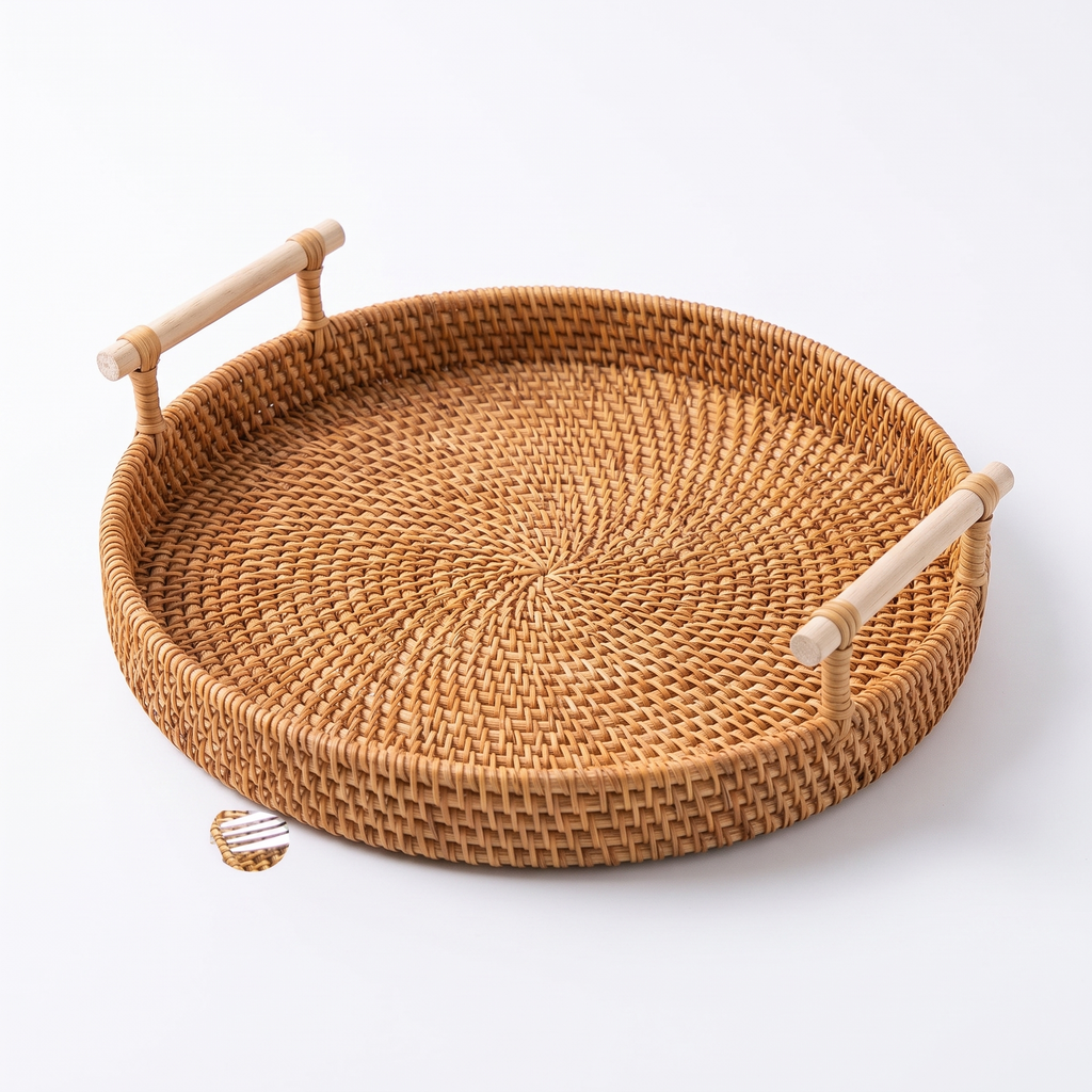 Handwoven rattan tray basket on a pure white studio background