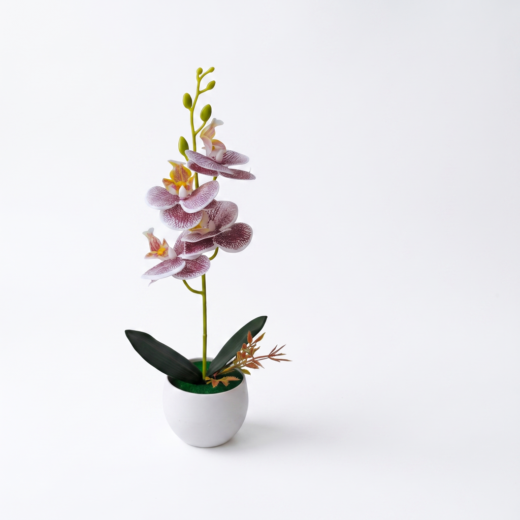 Faux orchid in a pot on a pure white studio background