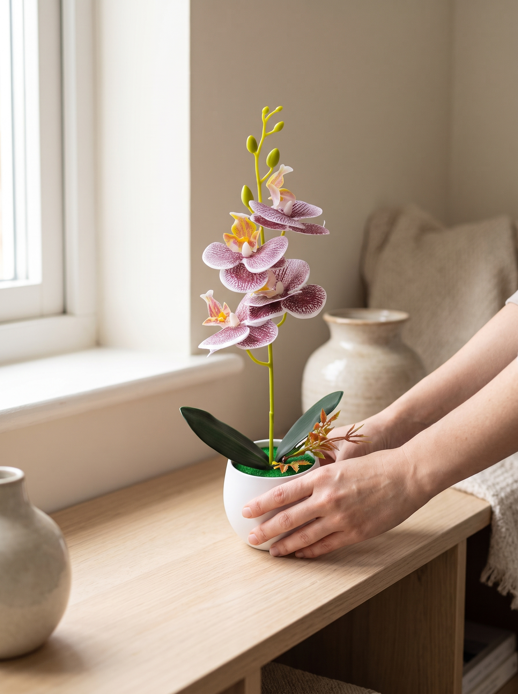 Hands setting the potted faux orchid onto a pale wooden shelf