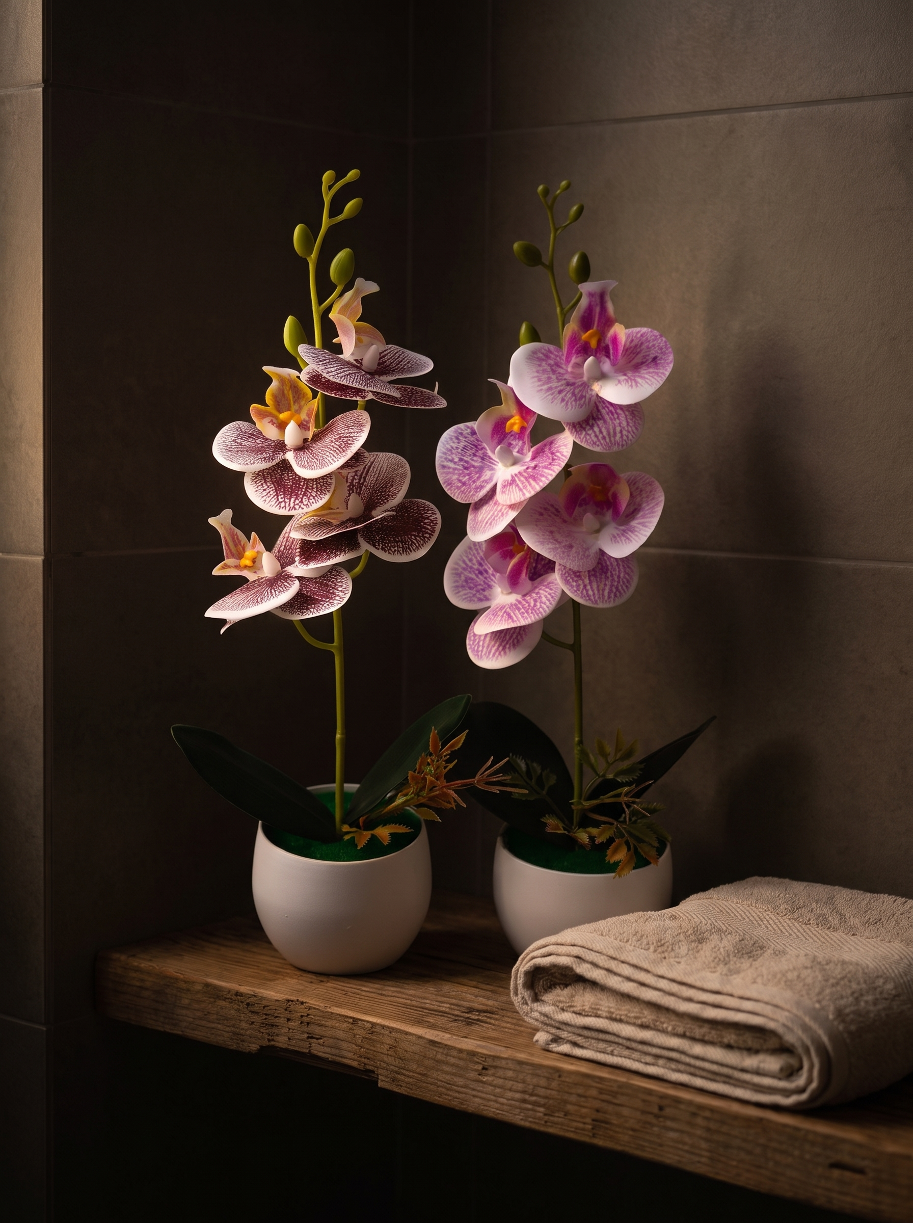 Faux orchid brightening a dim windowless bathroom shelf