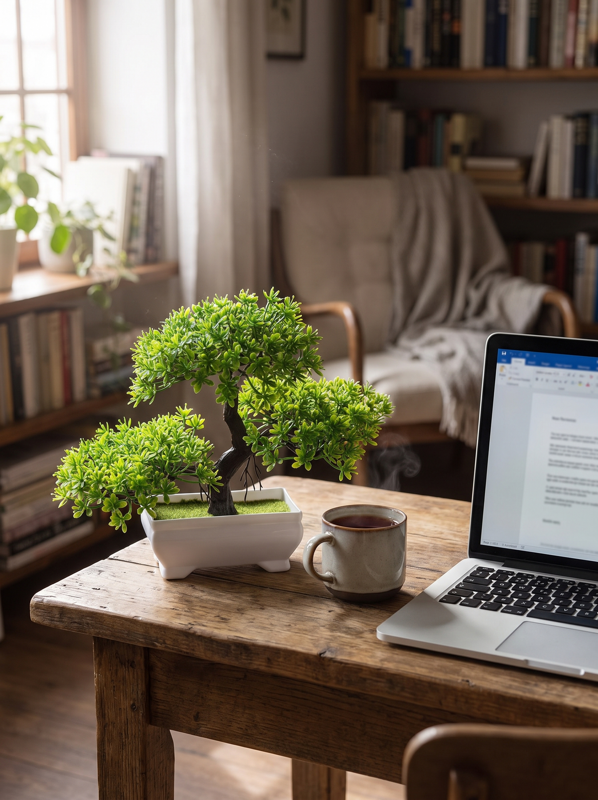 Faux green bonsai tree on a work desk beside a laptop and a mug