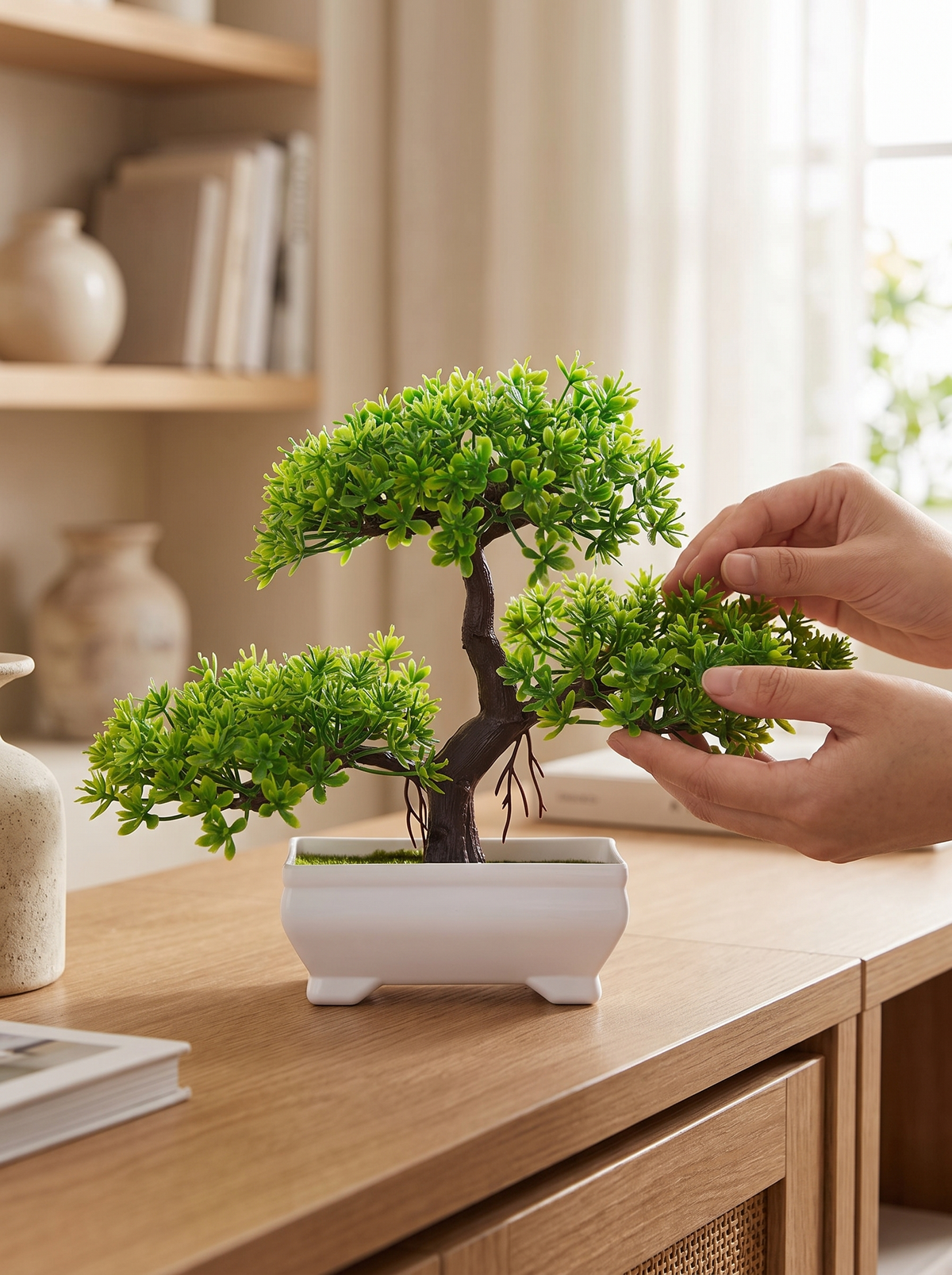 Hands fanning out the foliage of the faux green bonsai tree