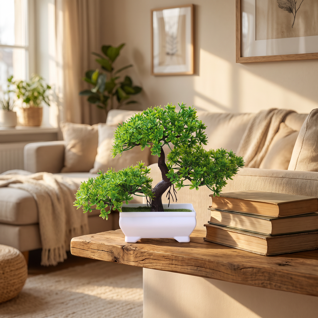 Faux green bonsai tree on a floating shelf in a living room