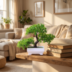 Faux green bonsai tree on a floating shelf in a living room
