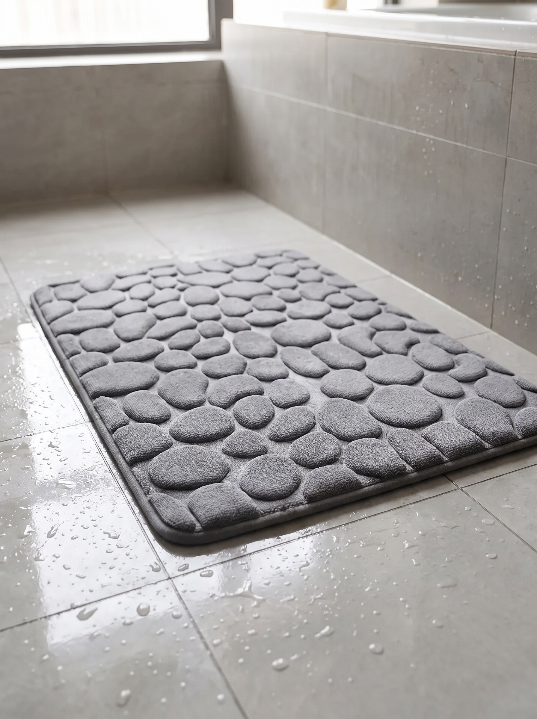 Cobblestone bath mat sitting flat on wet bathroom tile