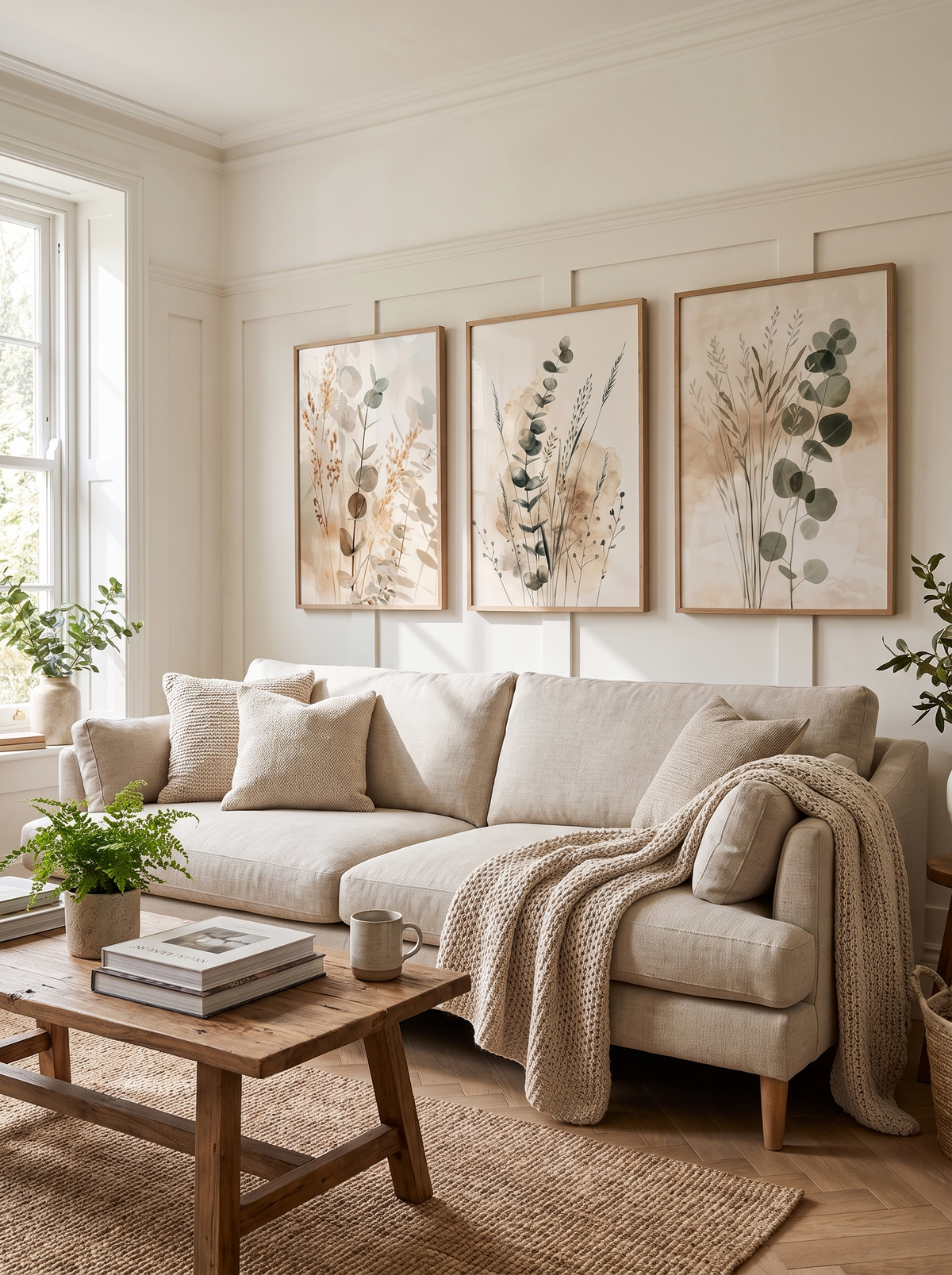 Three botanical prints hung in a row above a sofa