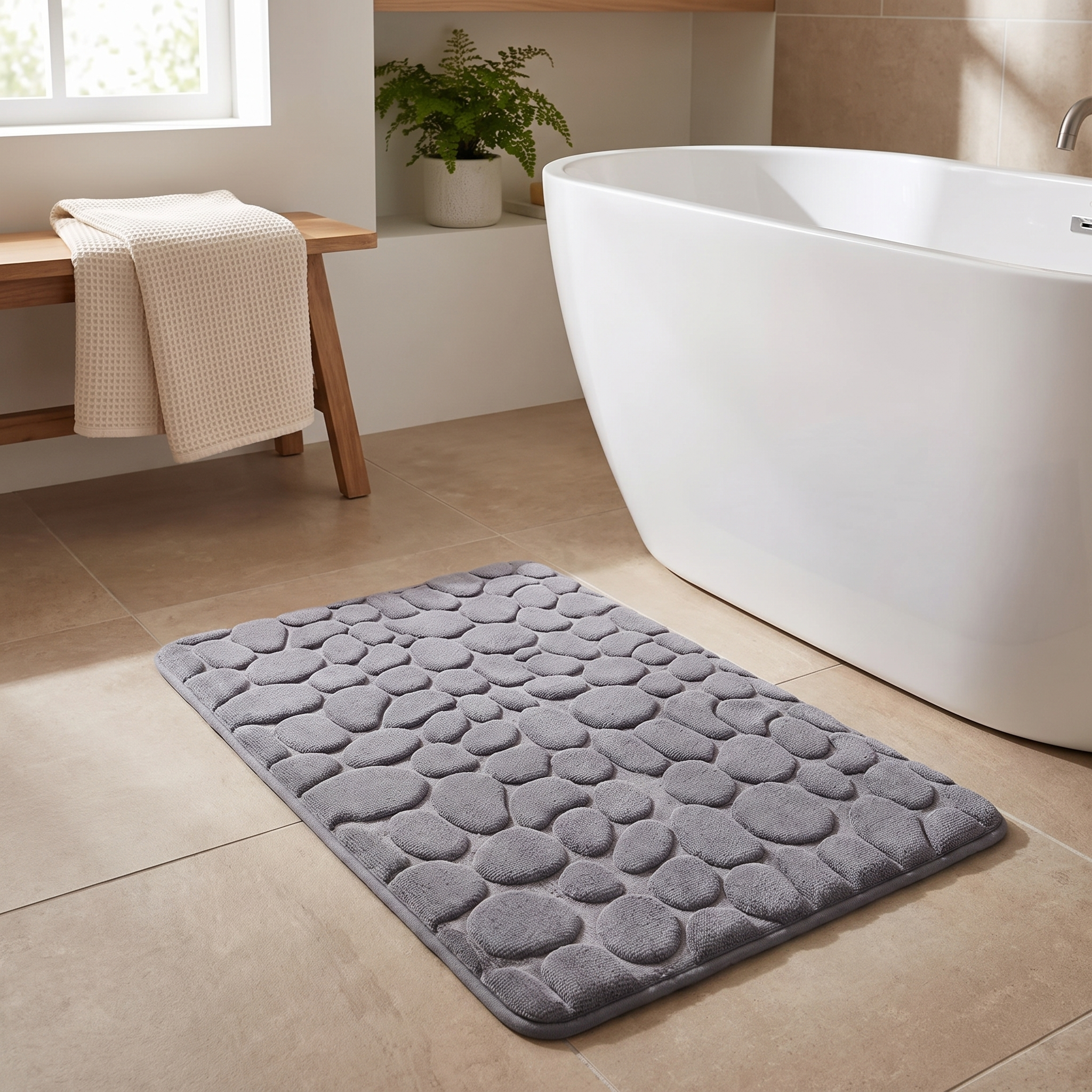 Cobblestone bath mat beside a freestanding bath