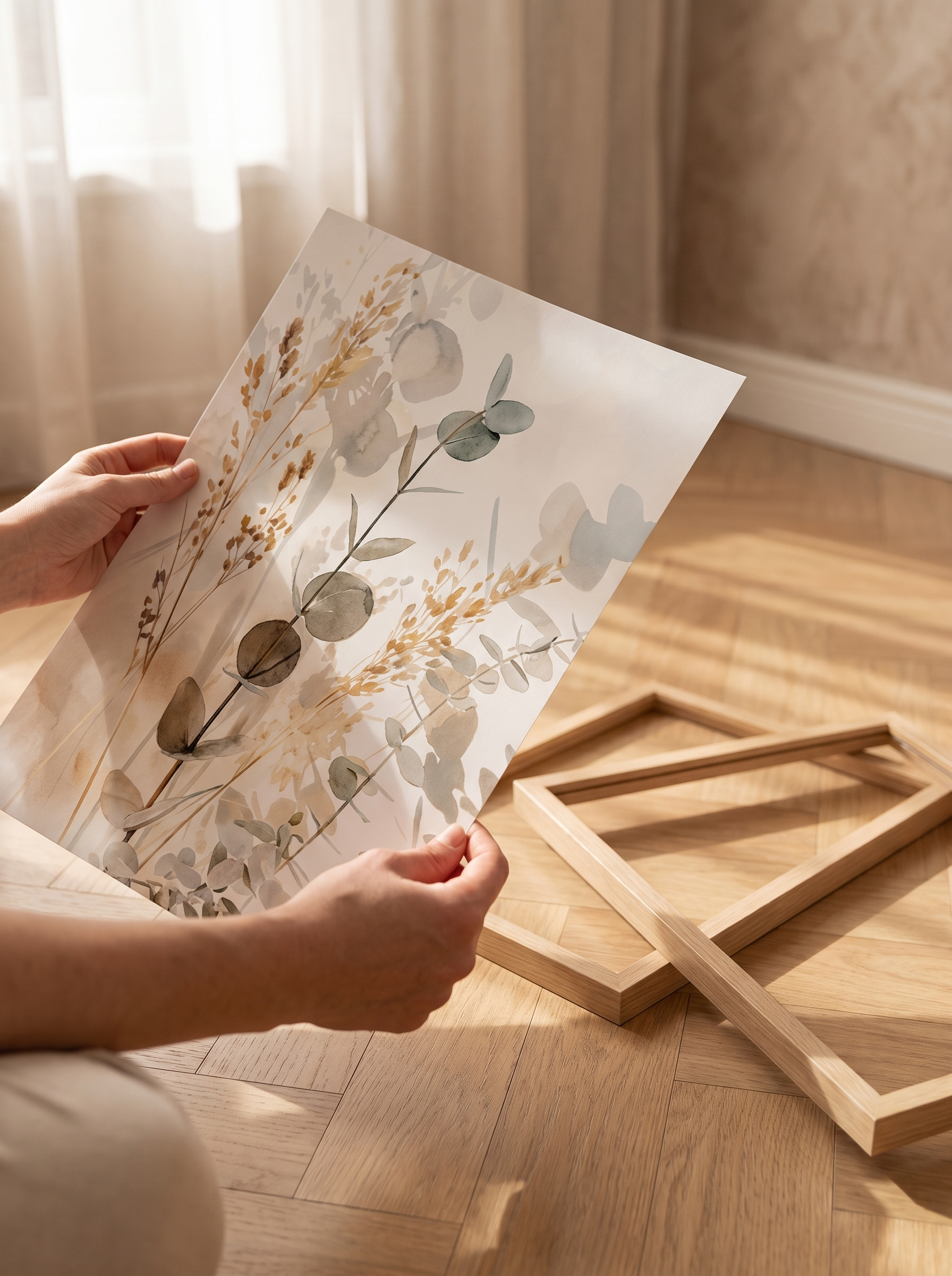 Unframed botanical print held beside empty wood frames