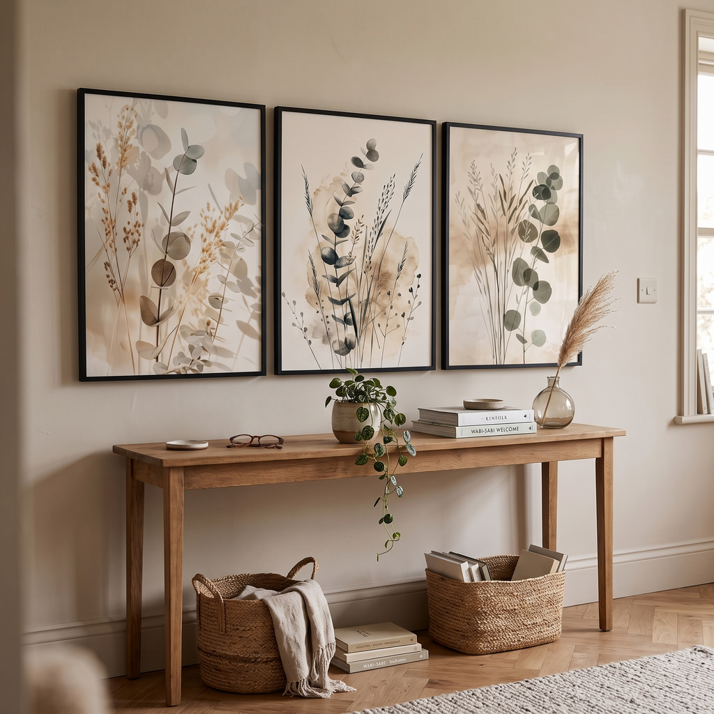 Botanical print set hung above a console table