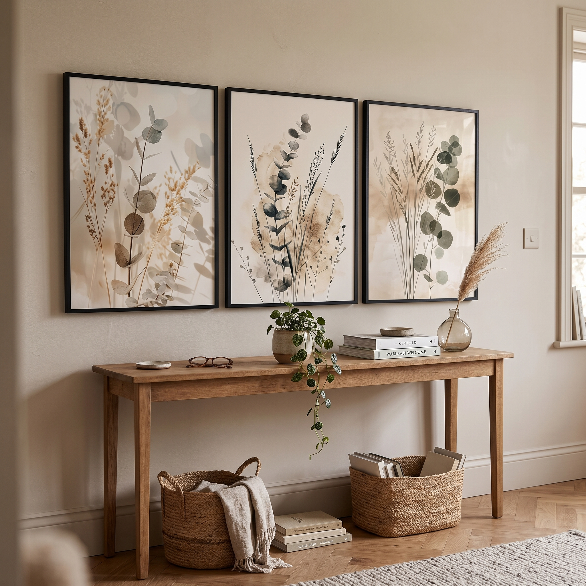 Botanical print set hung above a console table