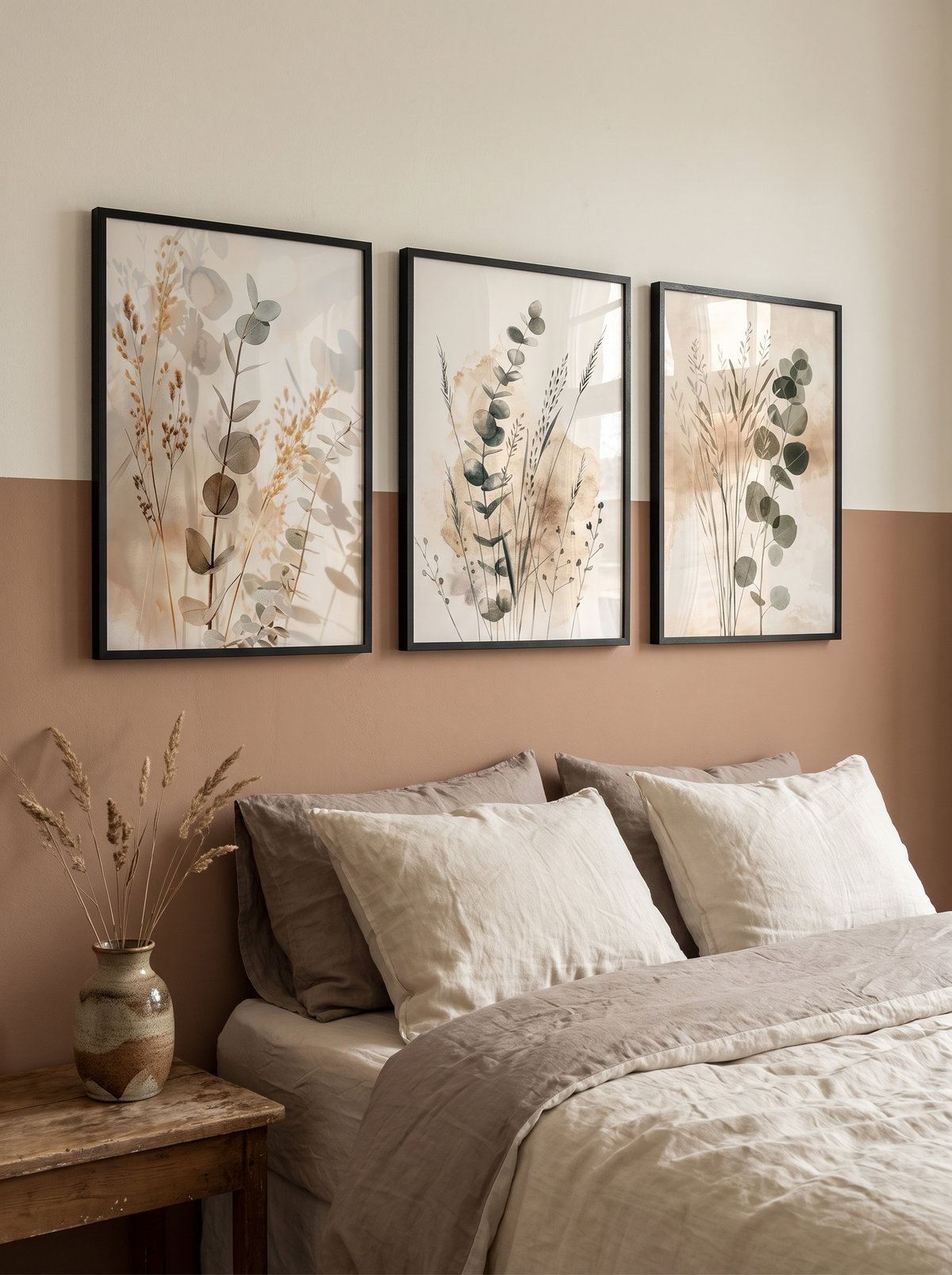 Botanical print set in a calm neutral bedroom corner