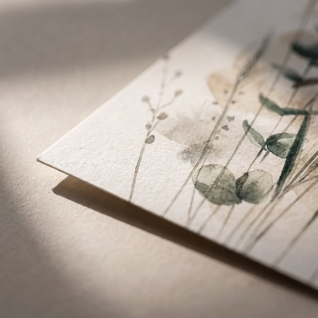 Close up of the matte paper and muted green ink