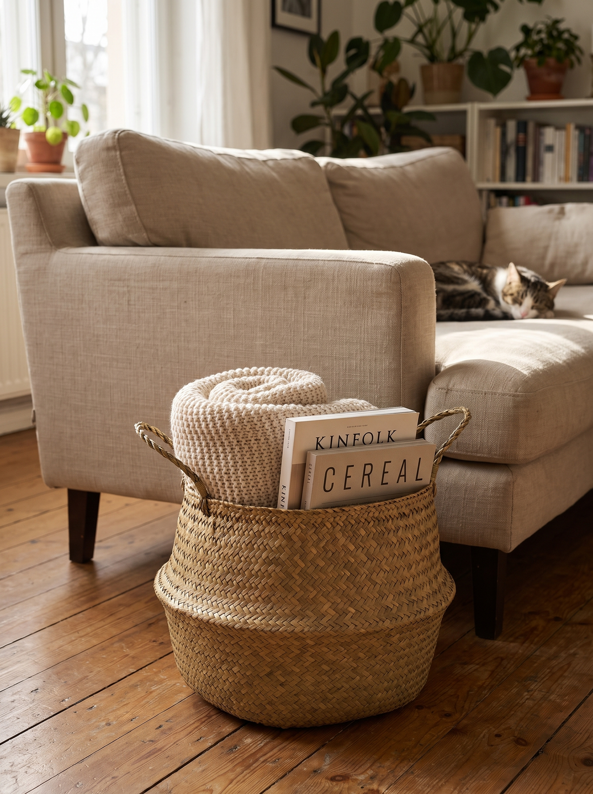 Seagrass basket beside a sofa holding a throw