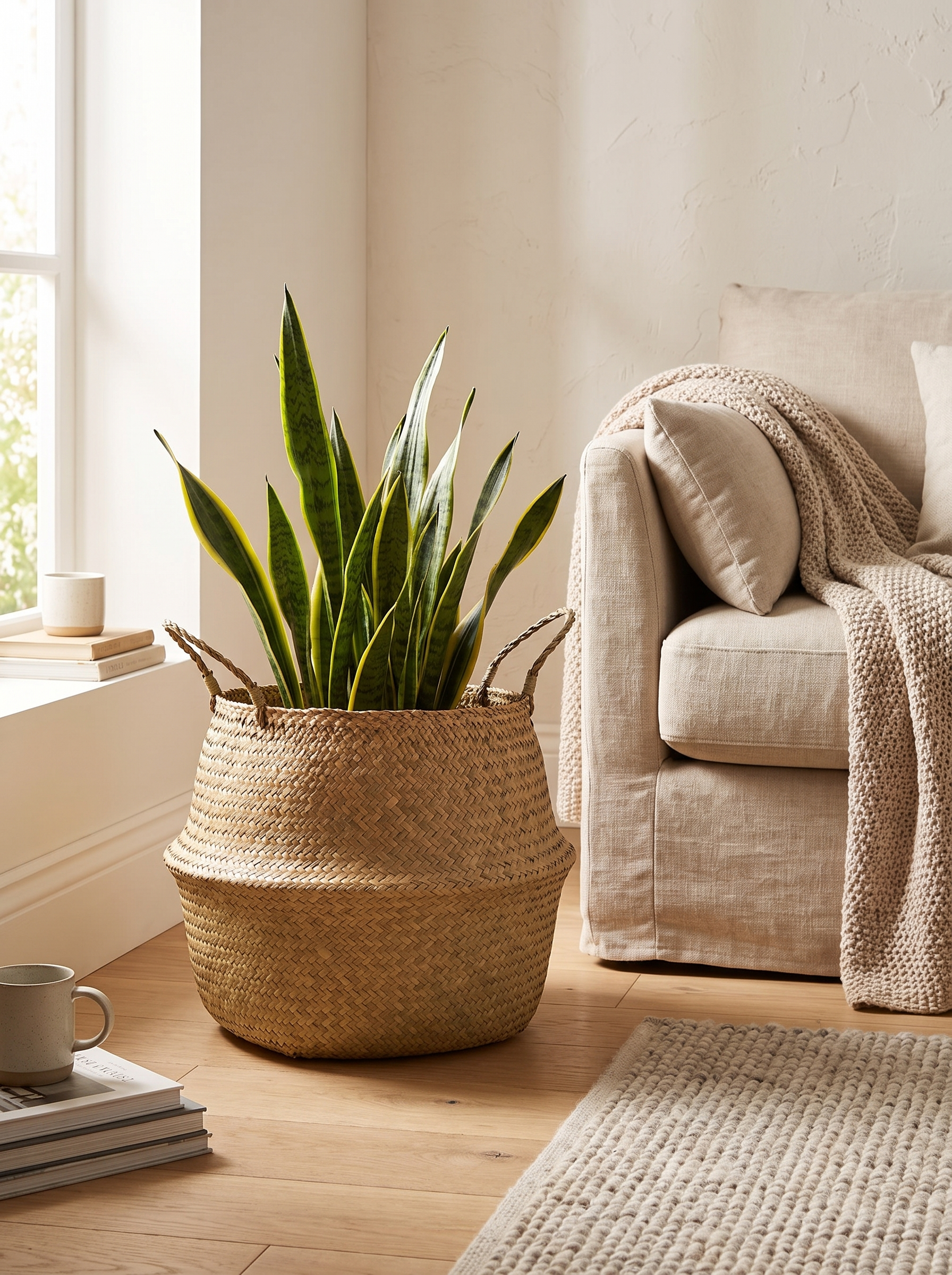 Seagrass belly basket in a warm living room corner