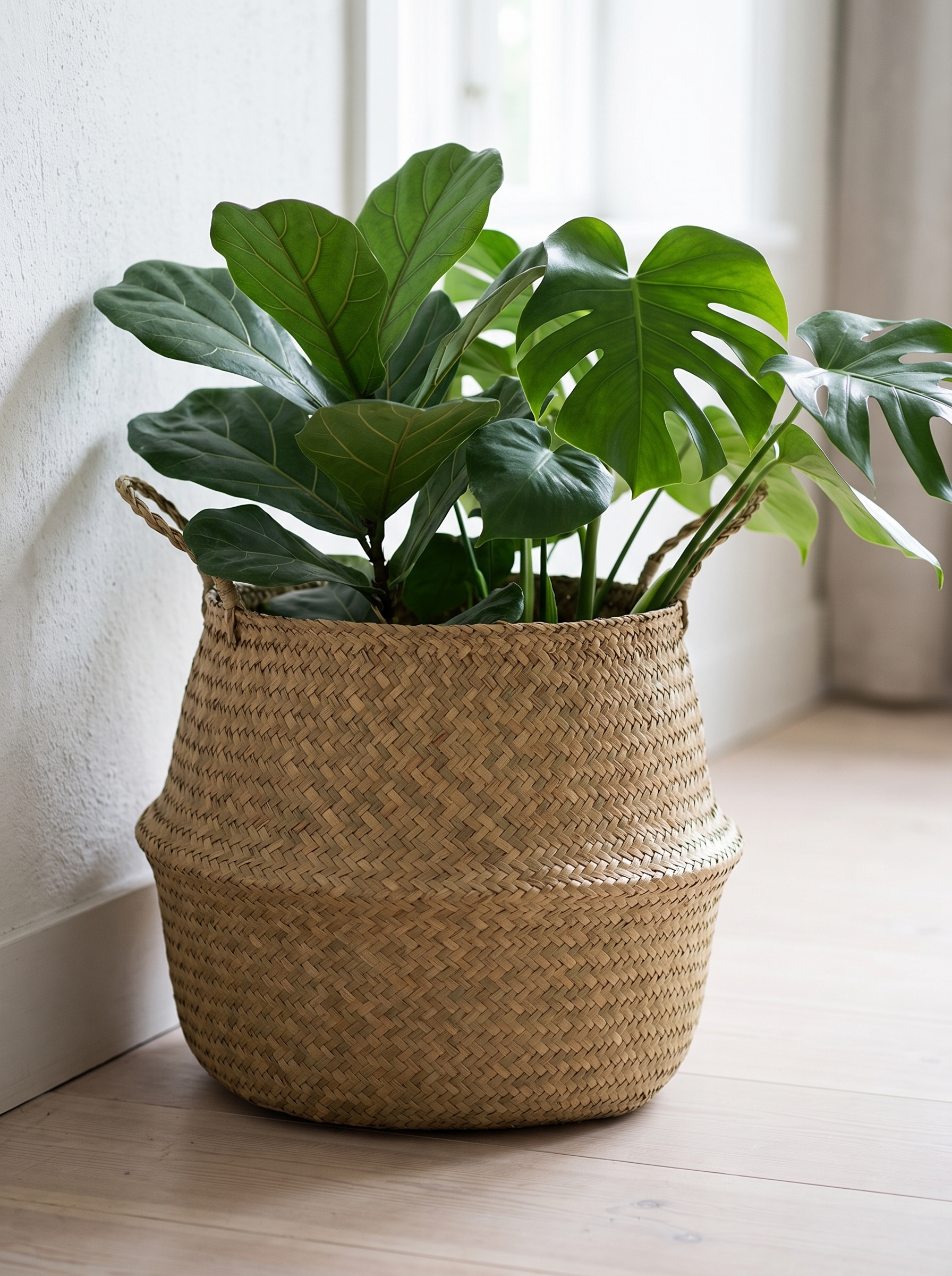 Seagrass basket used as a plant pot cover