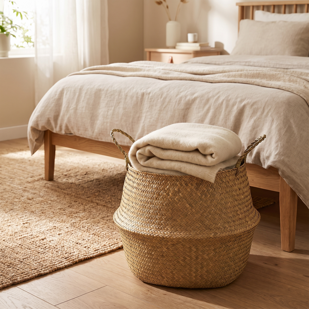 Seagrass basket at the foot of a bed holding a blanket