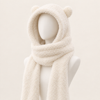 The Teddy Hood in white, a plush hood and scarf in one with bear ears