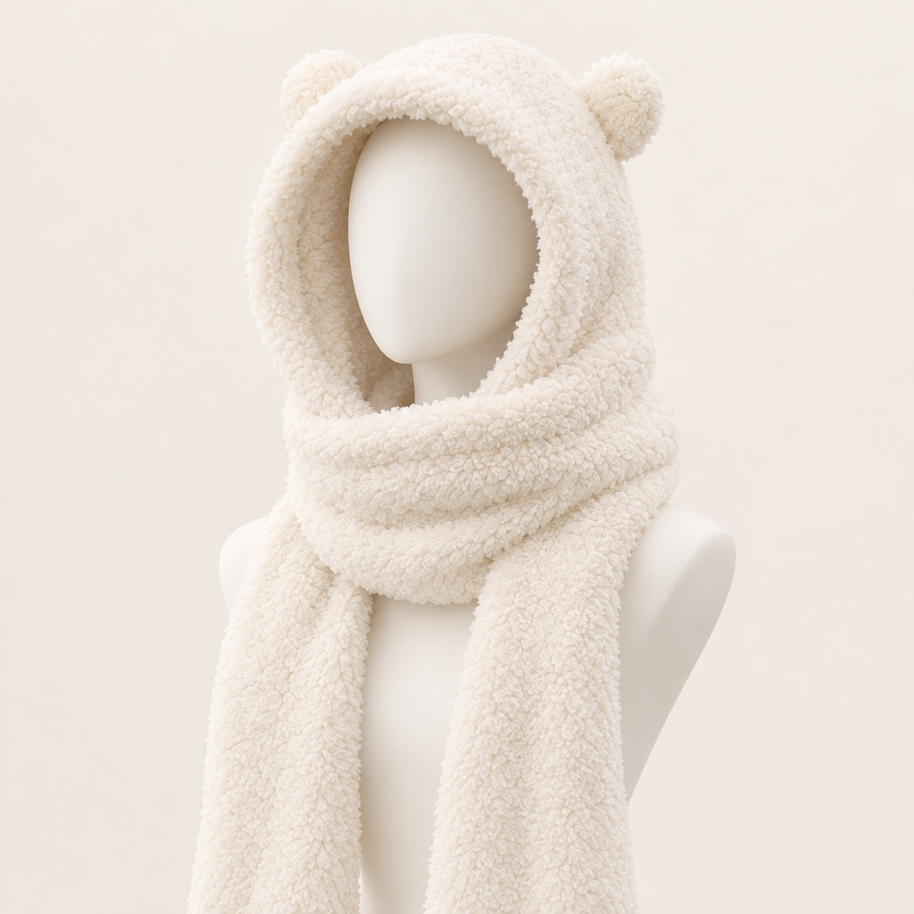 The Teddy Hood in white, a plush hood and scarf in one with bear ears