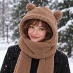 Woman wearing the coffee Teddy Hood in a snowy park