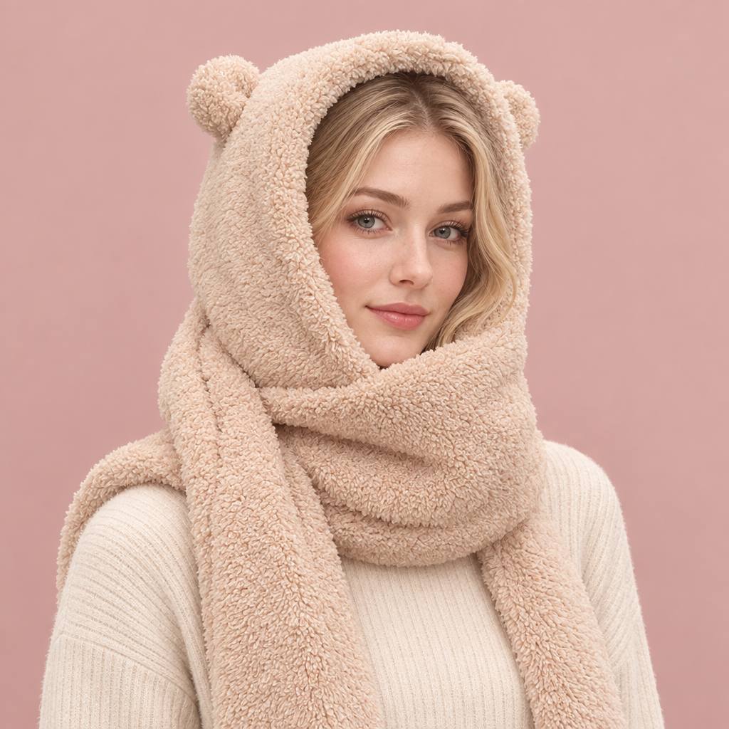 Woman wearing the beige Teddy Hood