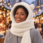 Woman wearing the white Teddy Hood at a winter market