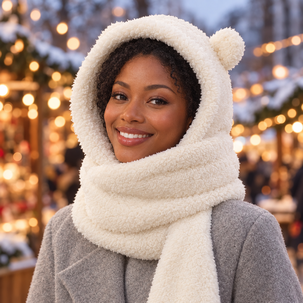 Woman wearing the white Teddy Hood at a winter market