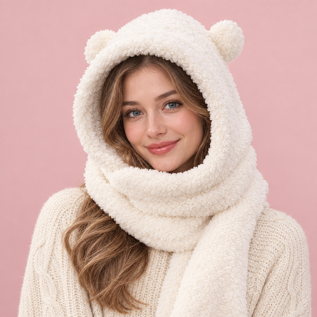 Woman wearing the white Teddy Hood with the hood up and the scarf wrapped