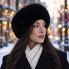 Woman in a black coat wearing the black Cloud Headband on a snowy street