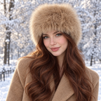 Woman wearing the camel Cloud Headband in a snowy park