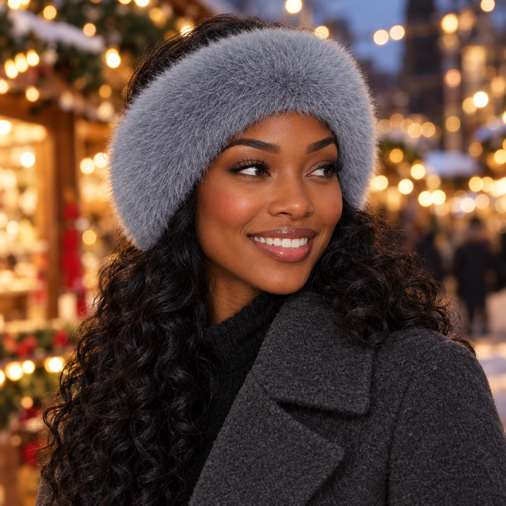 Woman wearing the grey Cloud Headband at a winter market