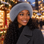 Woman wearing the grey Cloud Headband at a winter market