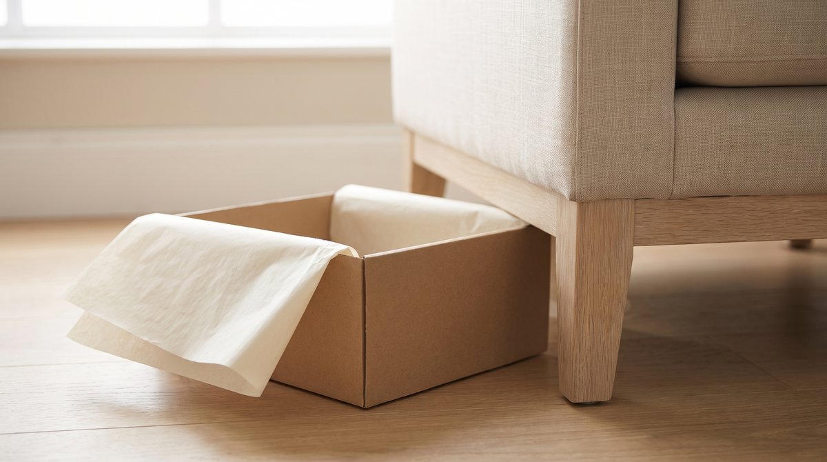 Neatly packed shipping box on a warm beige floor